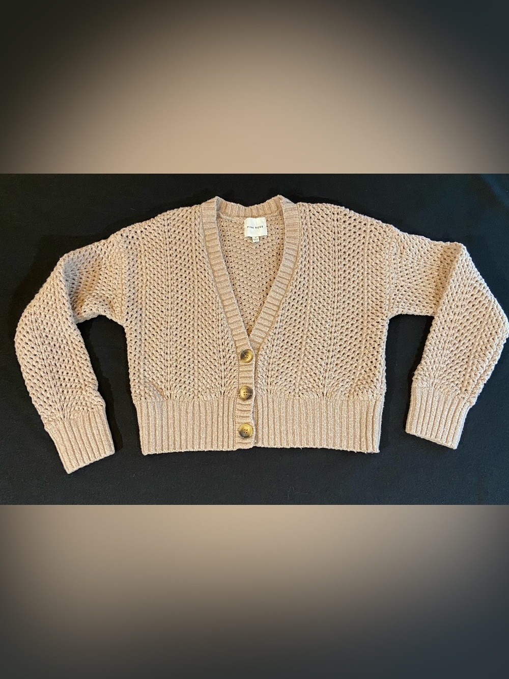 Pink Rose V-Neck Cropped Knit Cardigan - Light Beige / Tan